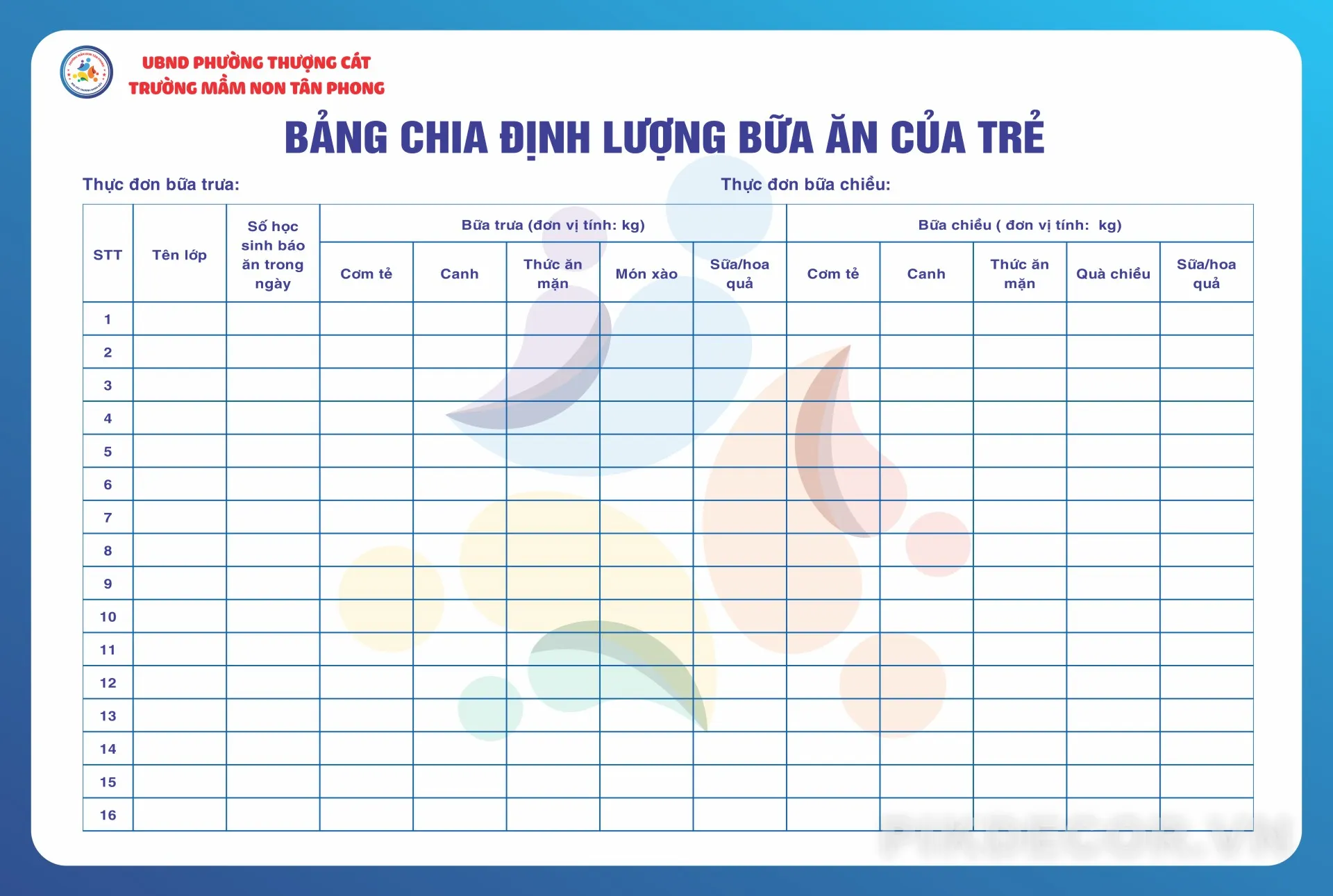 Bảng Chia Định Lượng Dinh Dưỡng - Trường Mầm Non