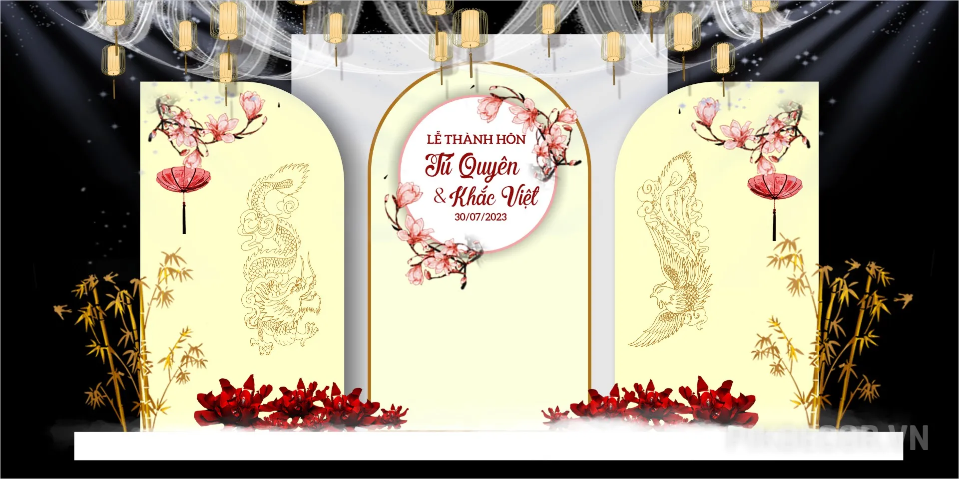 Mẫu Backdrop Lễ Thành Hôn Phong Cách Á Đông – Rồng Phượng Wedding Vector