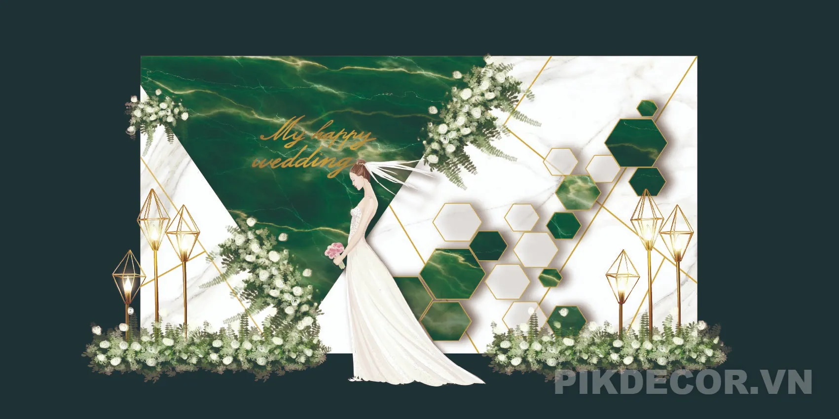 Mẫu Backdrop Đám Cưới Marble Xanh Emerald – File Psd Wedding Backdrop Luxury 889