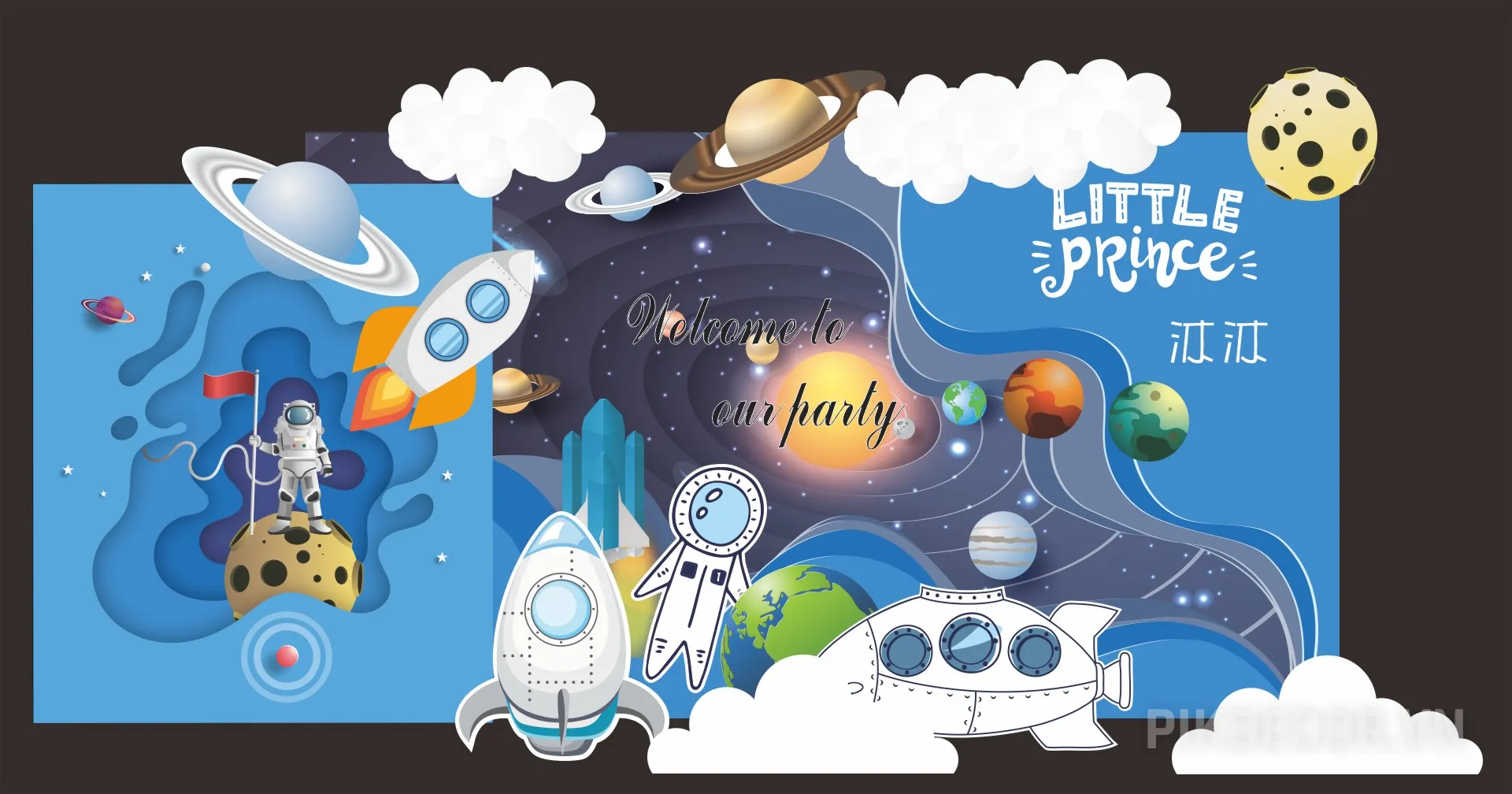 Mẫu Backdrop Sinh Nhật Hành Tinh Vũ Trụ Cho Bé Trai – File Cdr Ai 197