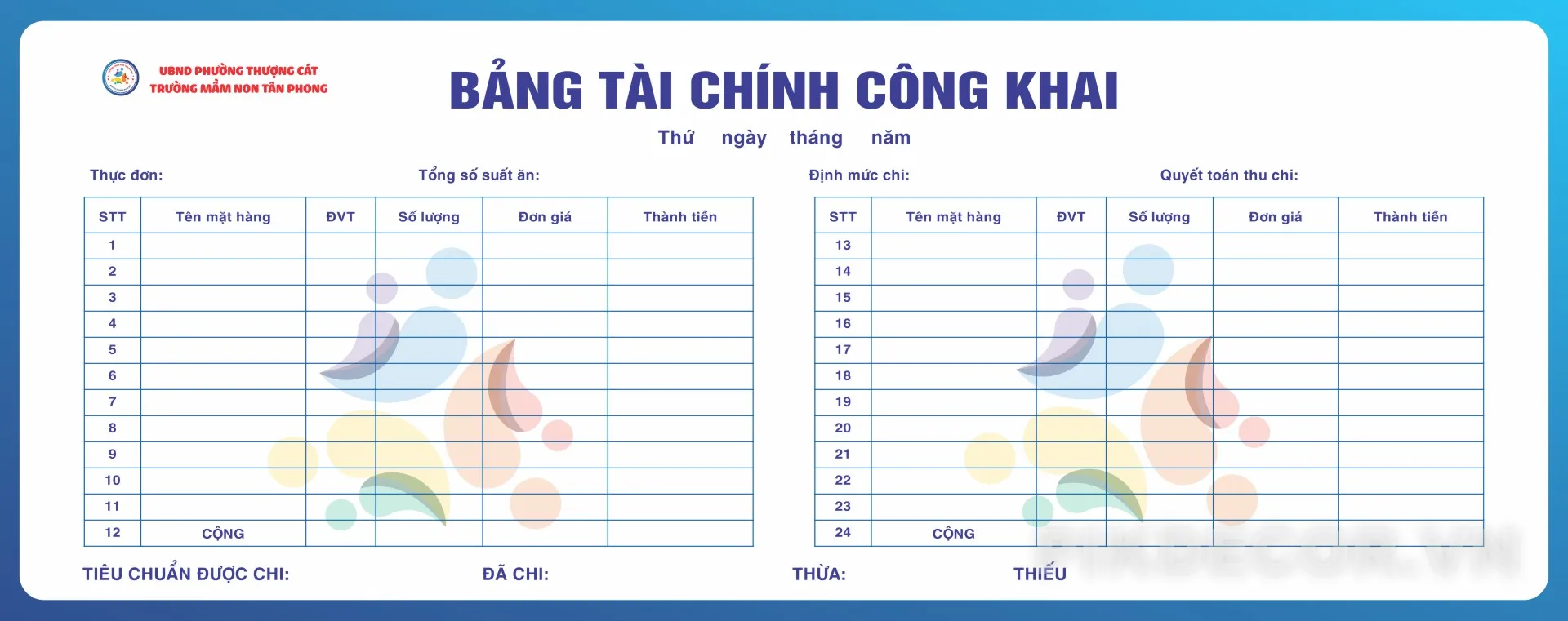 Mẫu Bảng Tài Chính Công Khái - Trường Mầm Non
