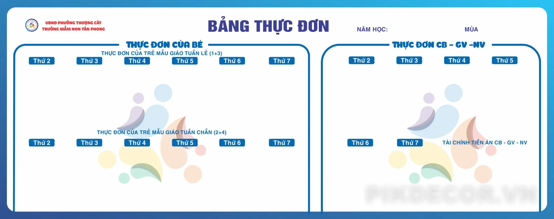 Mẫu Bảng Thực Đơn Dành Cho Trường Mầm Non