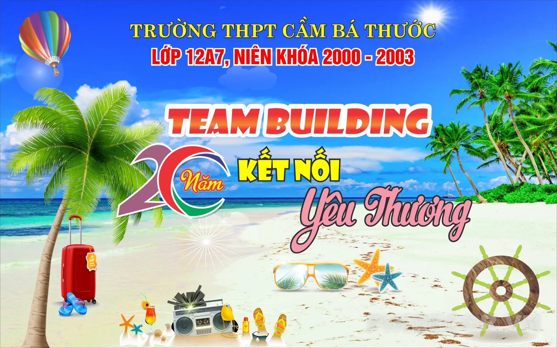 Mẫu Phông Nền Backdrop Team Building Kỷ Niệm 20 Năm Kết Nối Yêu Thương Biển Nhiệt Đới Sôi Động Mùa H
