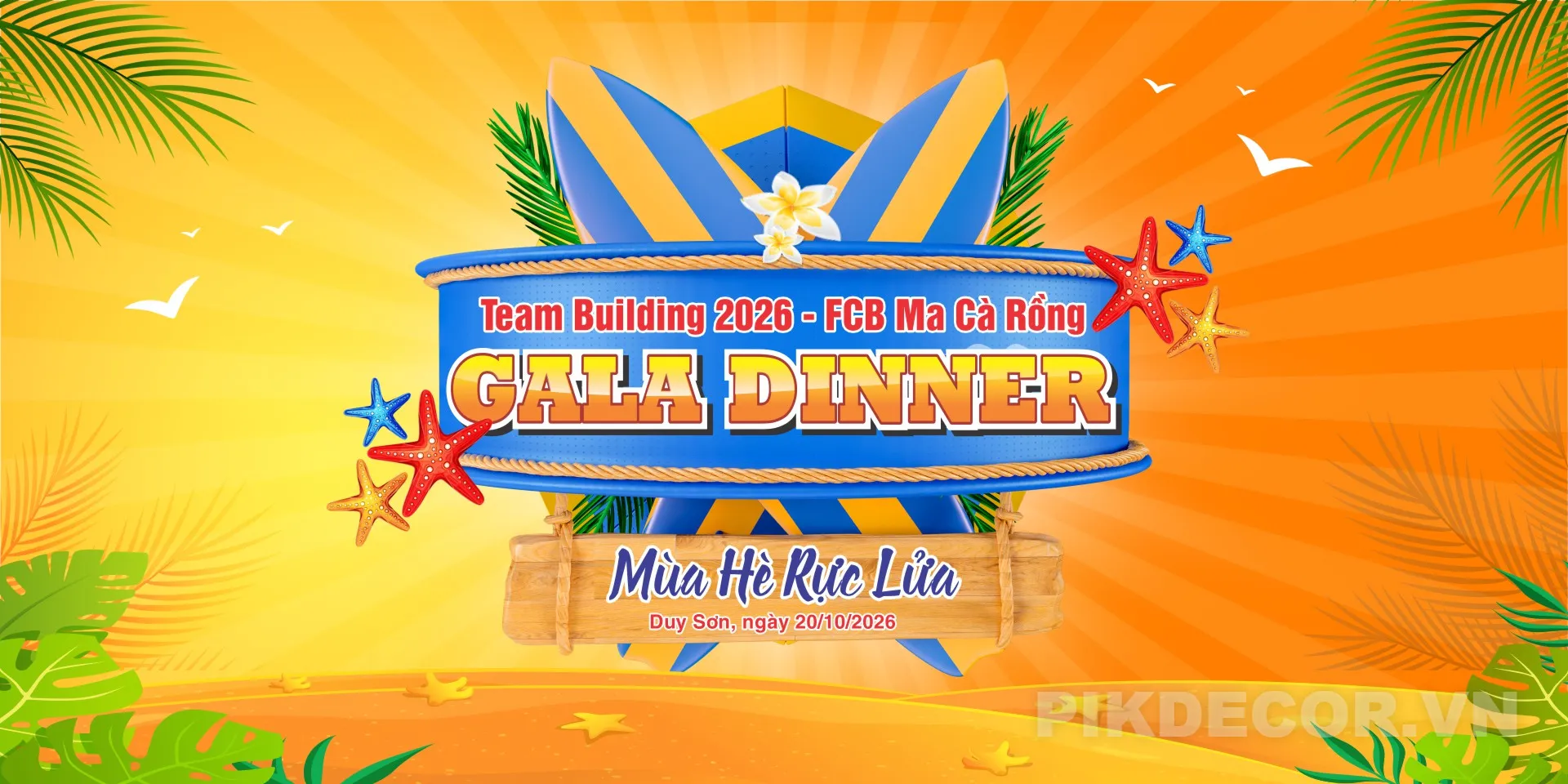 Mẫu Phông Nền Backdrop Team Building Gala Dinner Chủ Đề Biển Nhiệt Đới Mùa Hè Rực Lửa Sôi Động Cực C