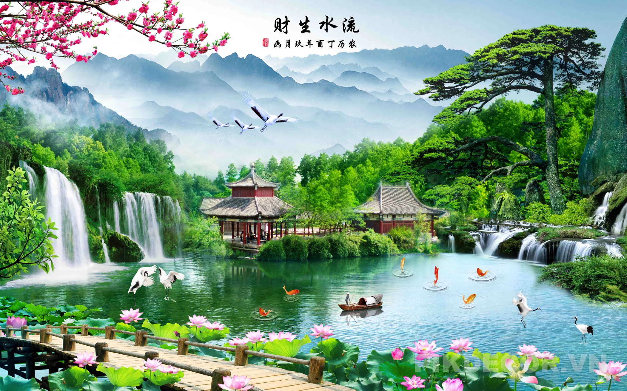 Mẫu Tranh 3D Sơn Thủy Hữu Tình Thác Nước Hùng Vĩ, Chim Hạc Phong Thủy Hút Tài Lộc Độc Đáo Mới Nhất 328