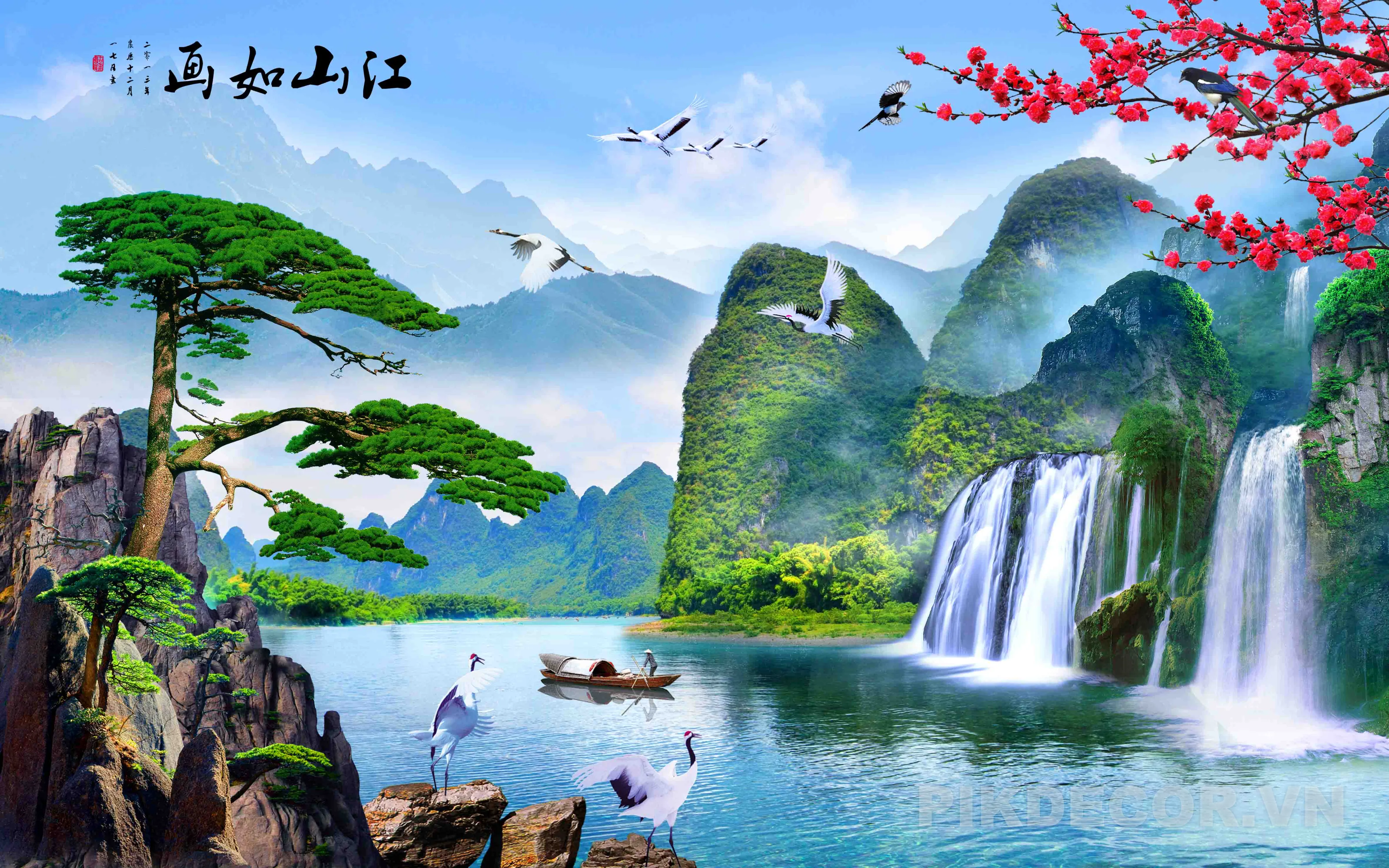 Mẫu Tranh 3D Sơn Thủy Hữu Tình, Thác Nước Hùng Vĩ Phong Thủy Hút Tài Lộc Mới Nhất 699