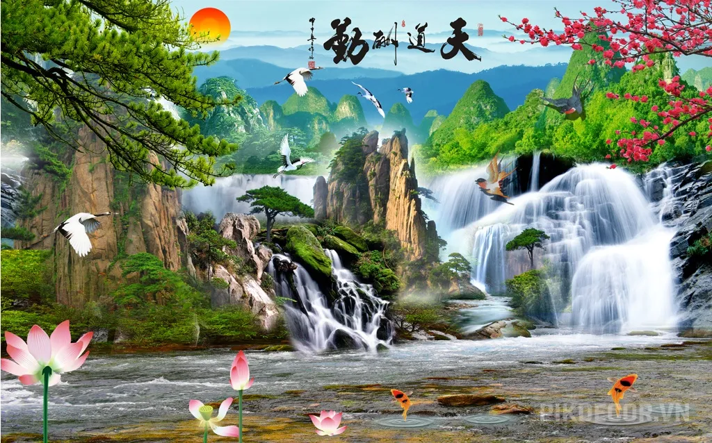 Mẫu Tranh 3D Sơn Thủy Hữu Tình, Thác Nước Hùng Vĩ Phong Thủy Hút Tài Lộc Mới Nhất 709 270 711