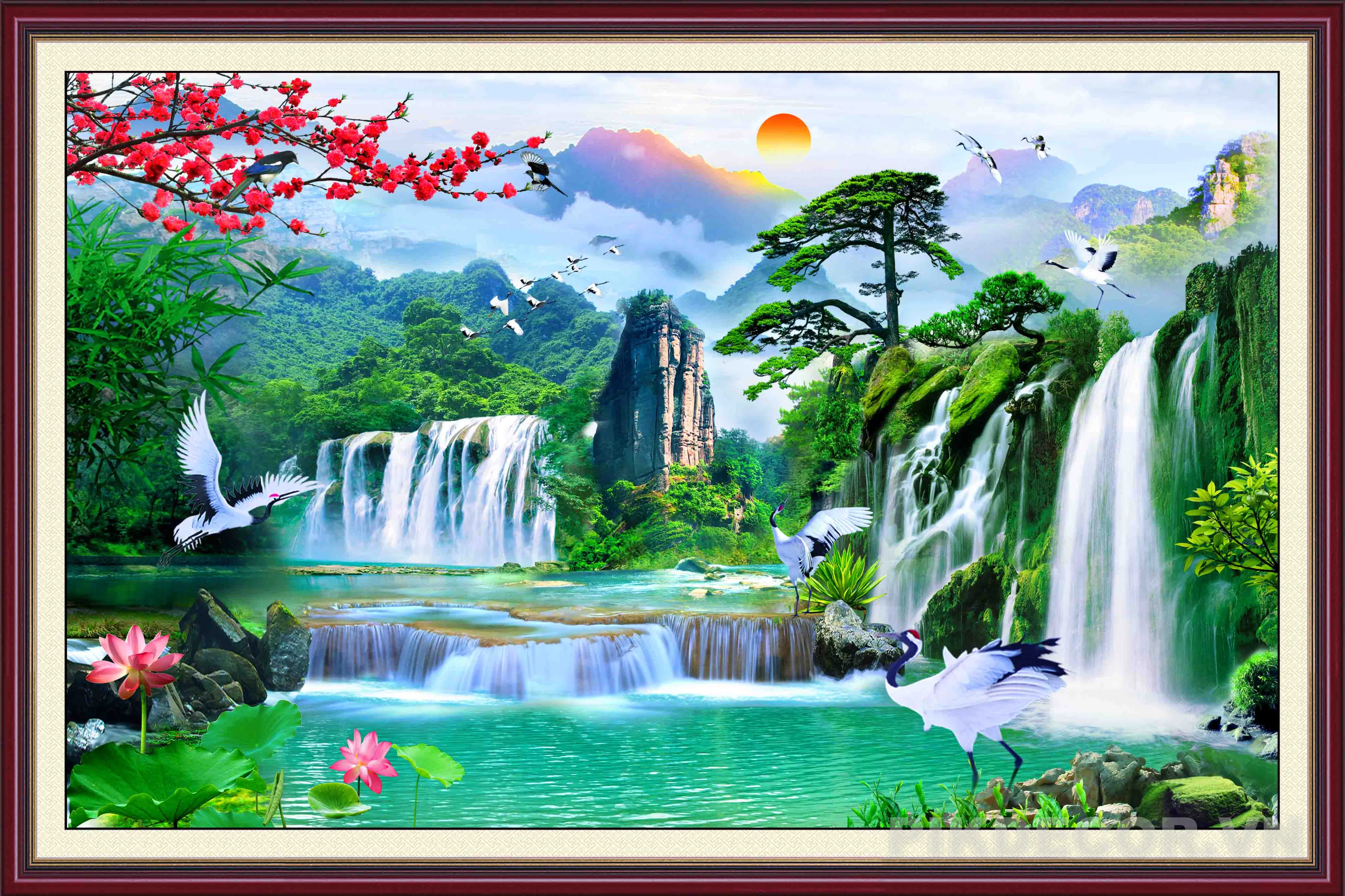 Mẫu Tranh 3D Sơn Thủy Hữu Tình Thác Nước Hùng Vĩ, Chim Hạc Phong Thủy Hút Tài Lộc Độc Đáo Mới Nhất