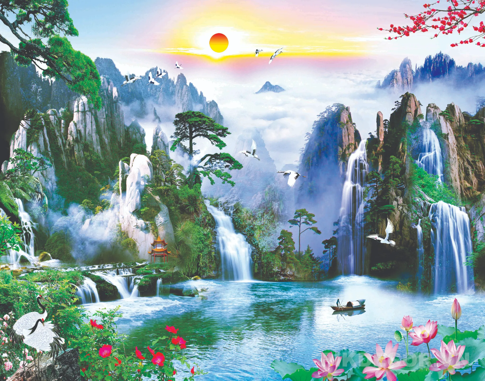 Mẫu Tranh 3D Sơn Thủy Hữu Tình, Thác Nước Hùng Vĩ Phong Thủy Hút Tài Lộc Mới Nhất 709 607