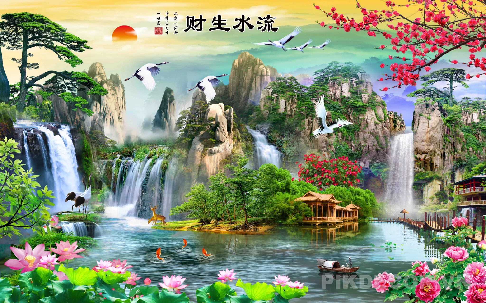 Mẫu Tranh 3D Sơn Thủy Hữu Tình, Thác Nước Hùng Vĩ Phong Thủy Hút Tài Lộc Mới Nhất 709 750 629