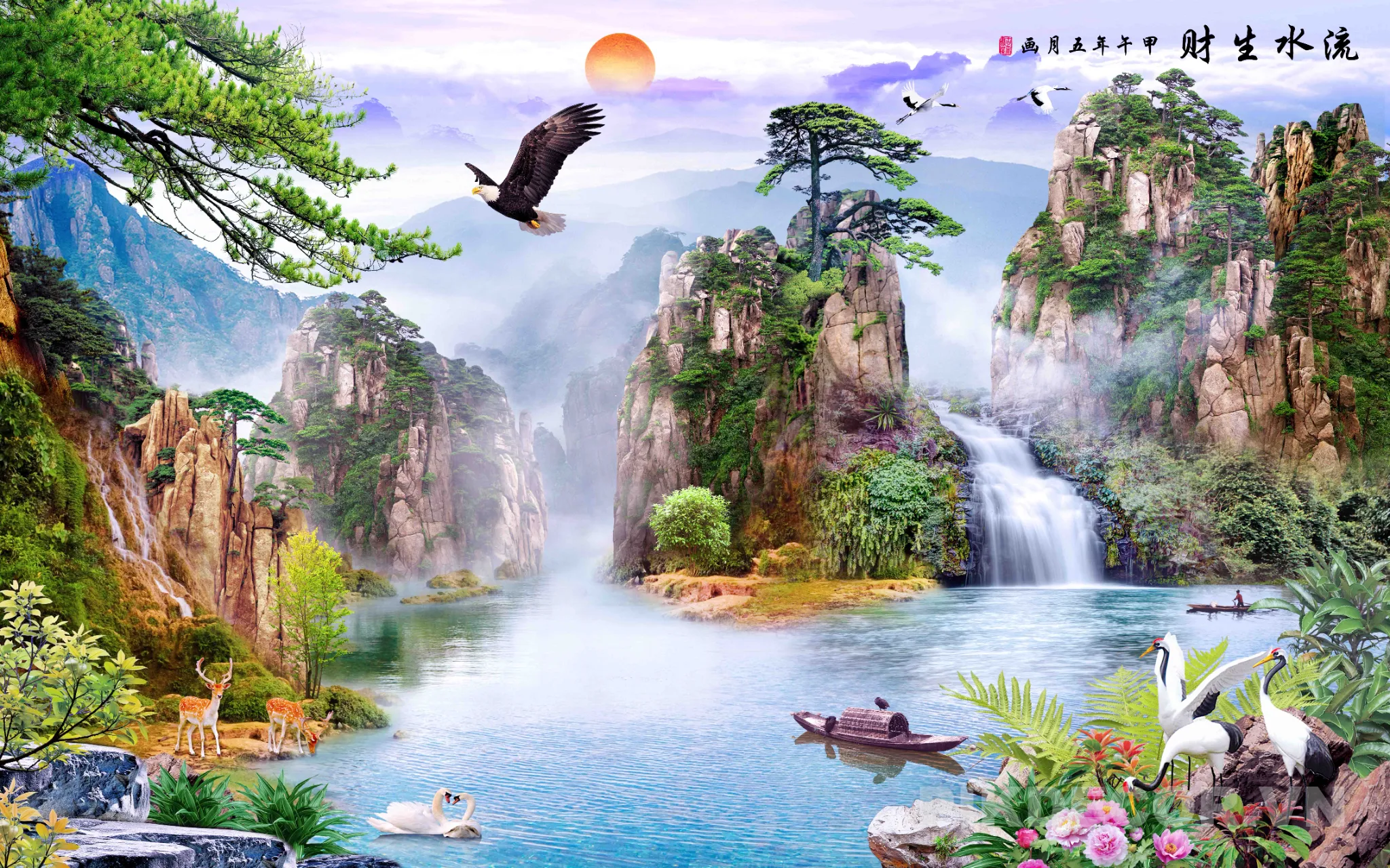 Mẫu Tranh 3D Sơn Thủy Hữu Tình, Thác Nước Hùng Vĩ Phong Thủy Hút Tài Lộc Mới Nhất 709