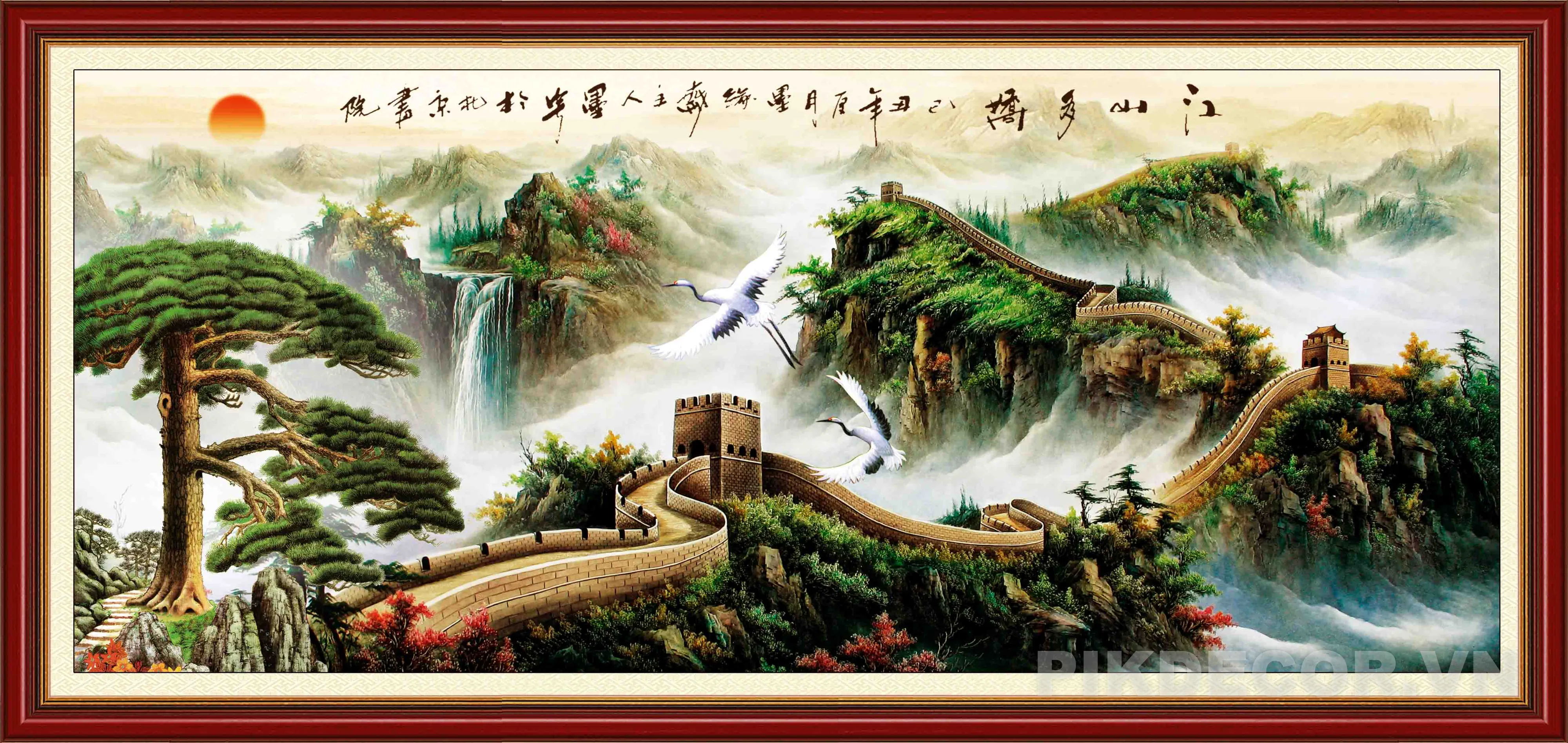 Mẫu Tranh 3D Sơn Thủy Hữu Tình Vạn Lý Trường Thành Hạc Bay Thác Nước Phong Thủy Hút Tài Lộc Mới Nhất