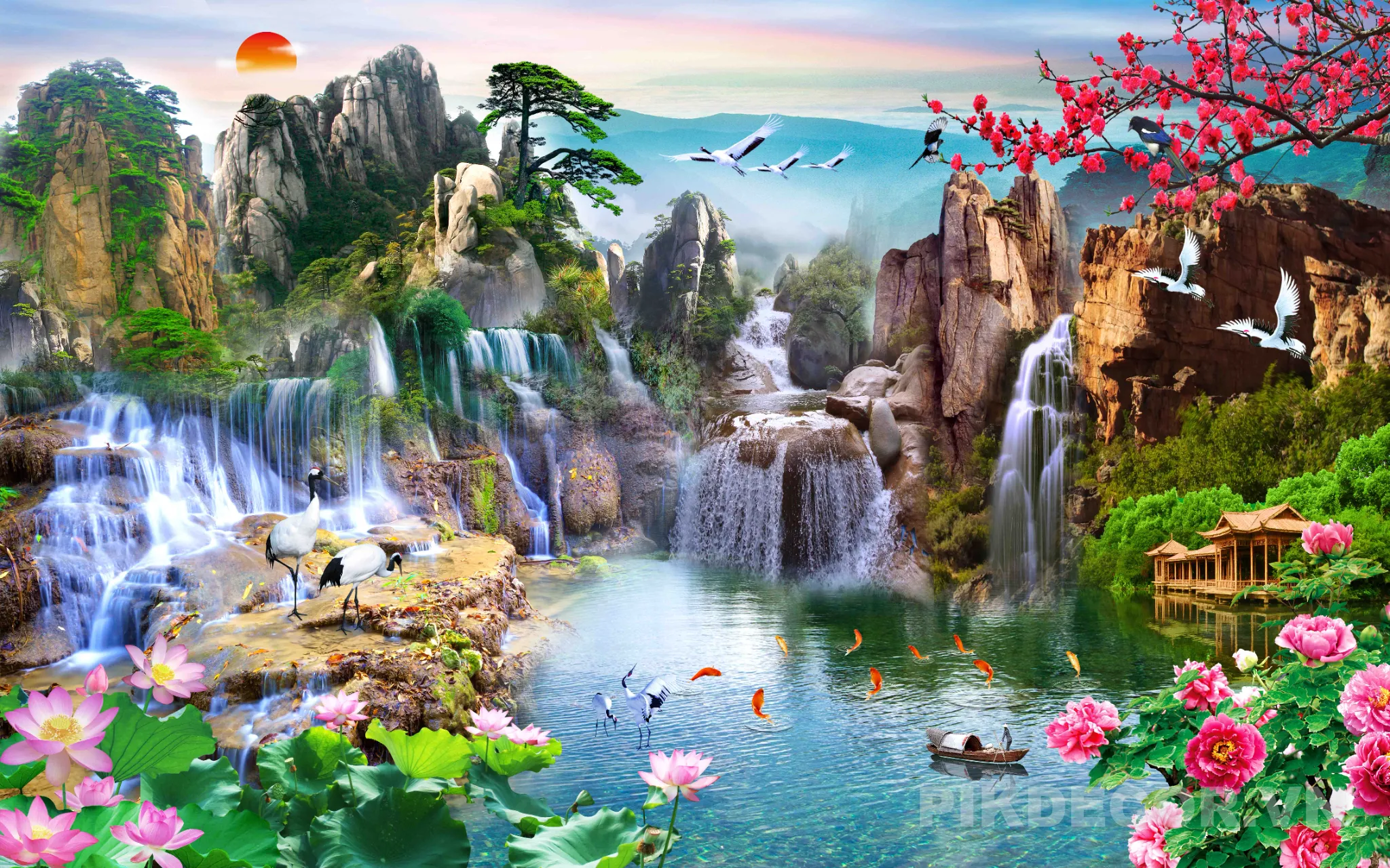 Mẫu Tranh 3D Sơn Thủy Hữu Tình, Thác Nước Hùng Vĩ Phong Thủy Hút Tài Lộc Mới Nhất 831