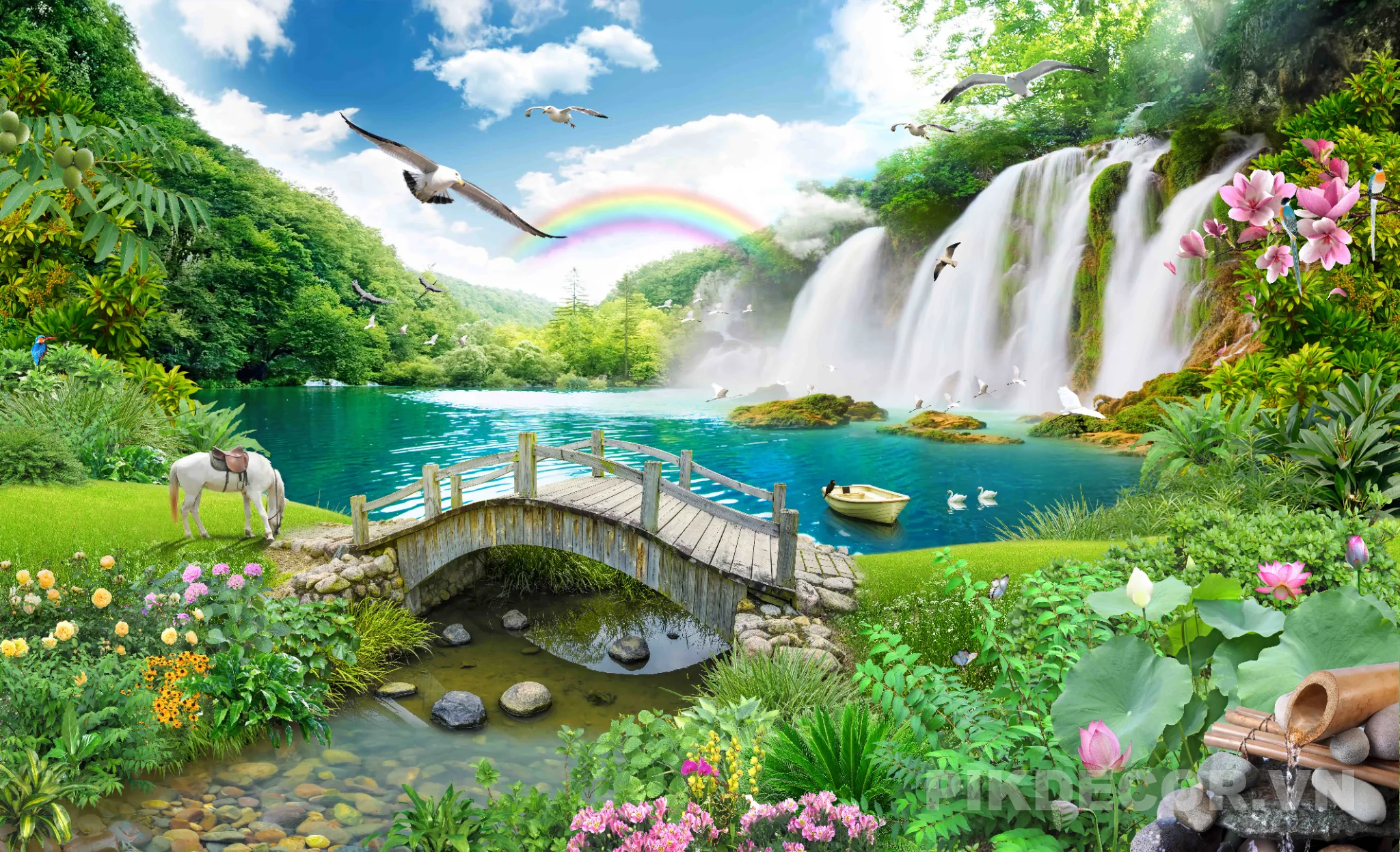 Mẫu Tranh 3D Sơn Thủy Hữu Tình Vạn Lý Trường Thành Hạc Bay Thác Nước Phong Thủy Hút Tài Lộc Mới Nhất 622 982