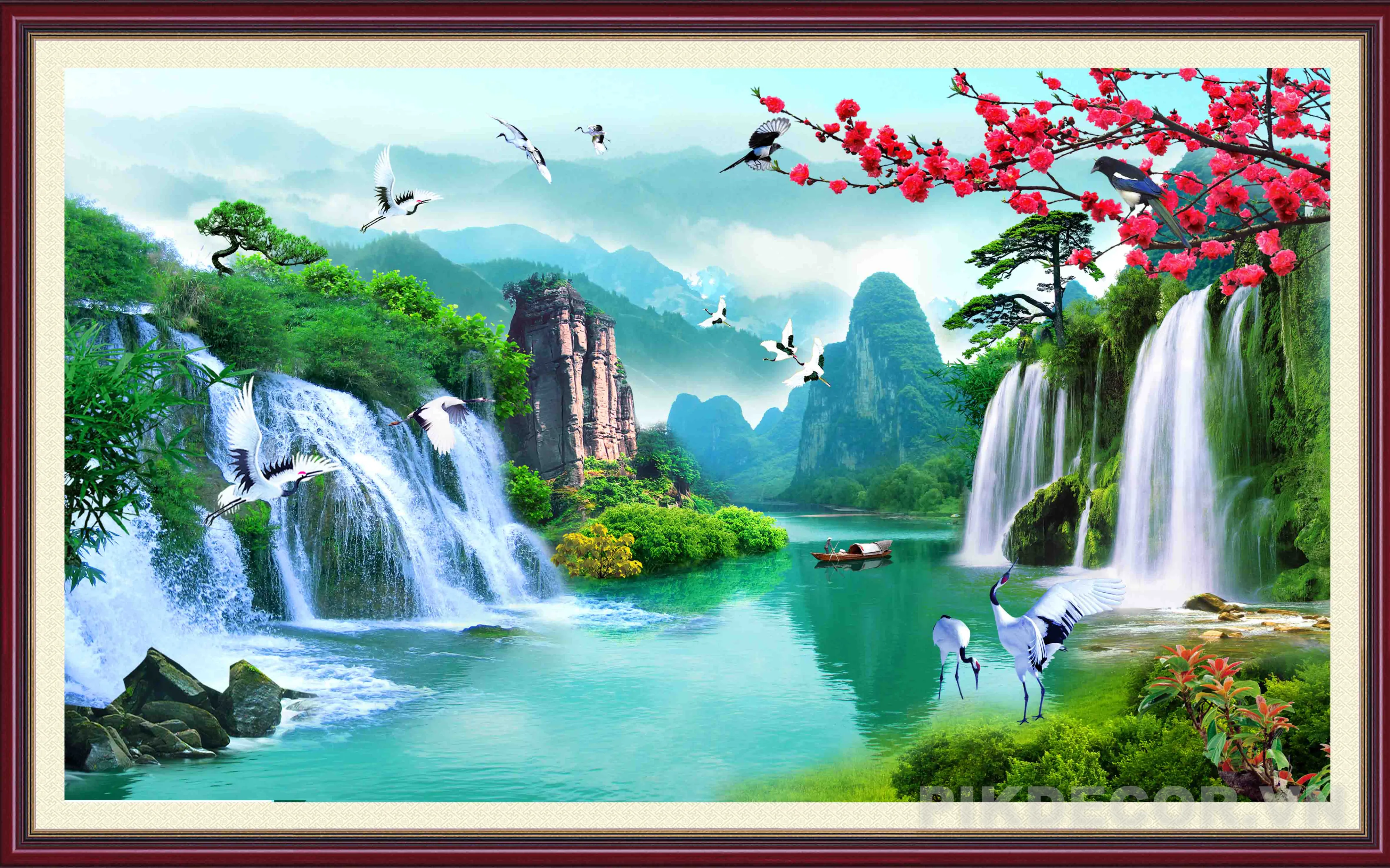 Mẫu Tranh 3D Sơn Thủy Hữu Tình Vạn Lý Trường Thành Hạc Bay Thác Nước Phong Thủy Hút Tài Lộc Mới Nhất 622