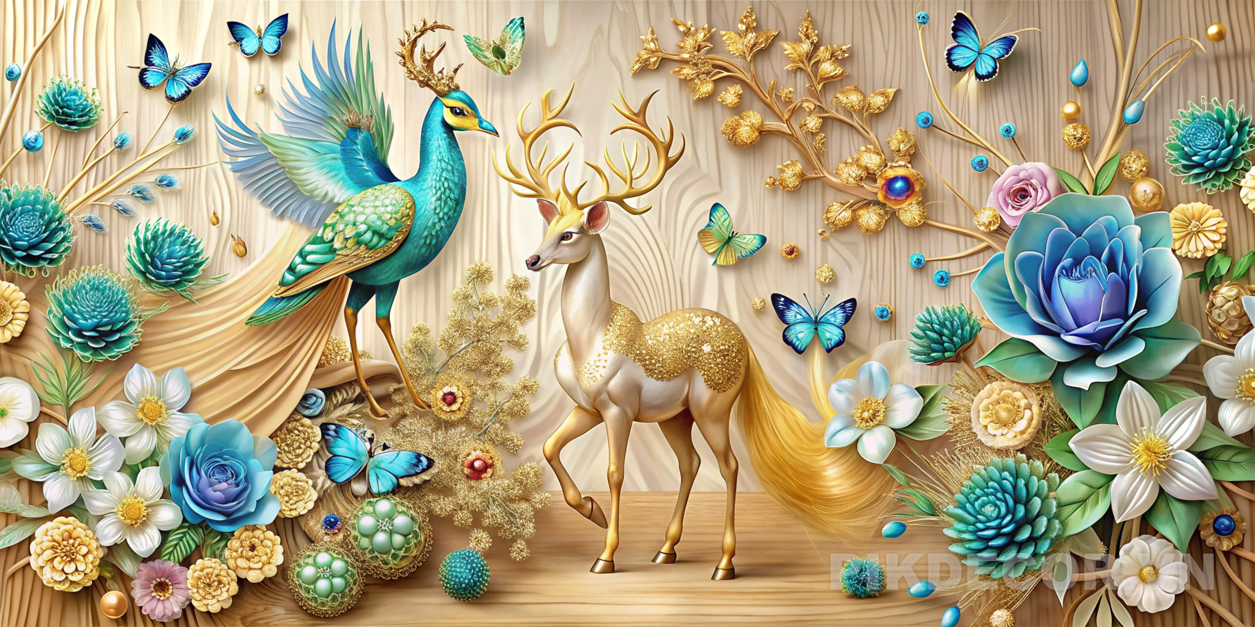 Mẫu Tranh 3D Tráng Gương Công Hươu Hoa Bướm Vàng Xanh Sang Trọng Cao Cấp Hiện Đại