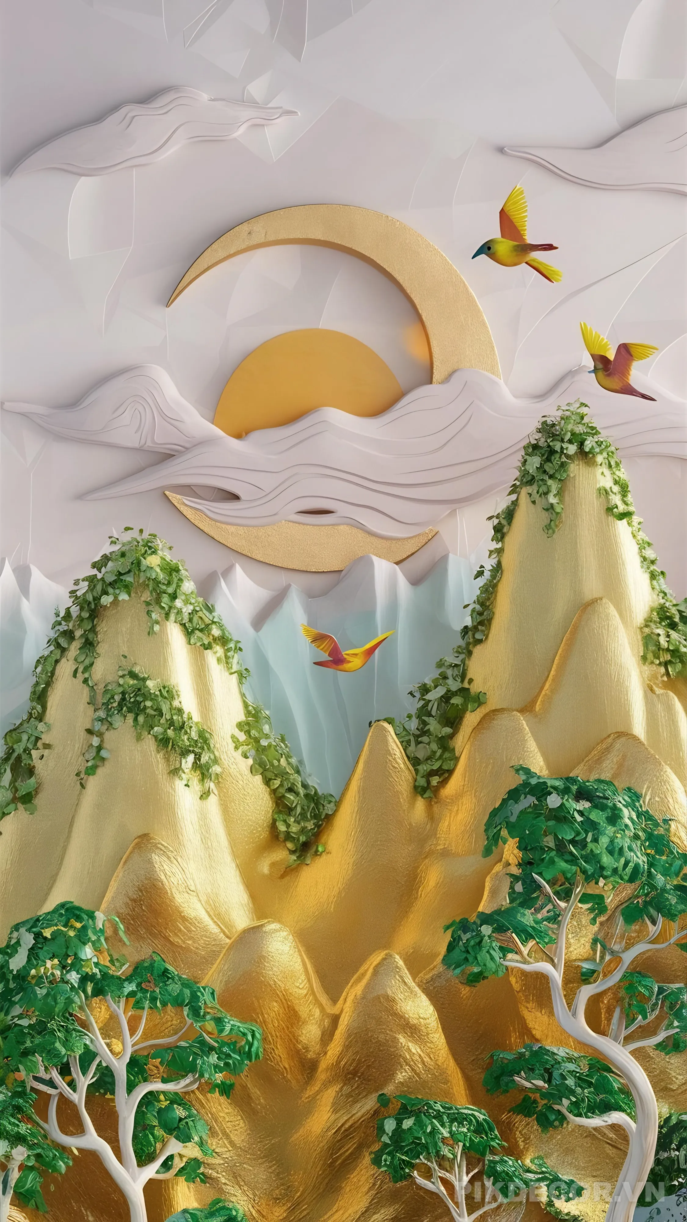 Mẫu Tranh 3D Tráng Gương Phong Cảnh Núi Vàng Cây Xanh Độc Đáo Sang Trọng Hiện Đại