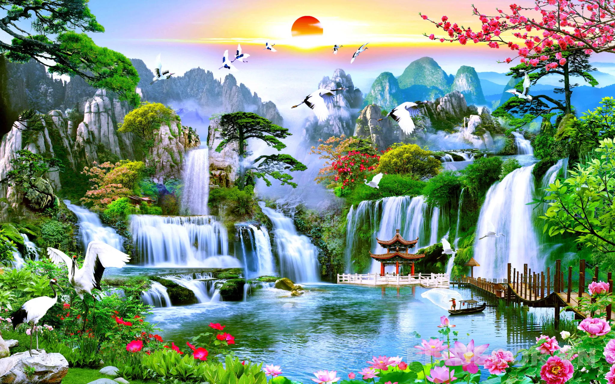 Mẫu Tranh Dán Tường 3D Sơn Thủy Hữu Tình Thác Nước Chim Hạc Phong Thủy Cực Đẹp Hút Tài Lộc 283