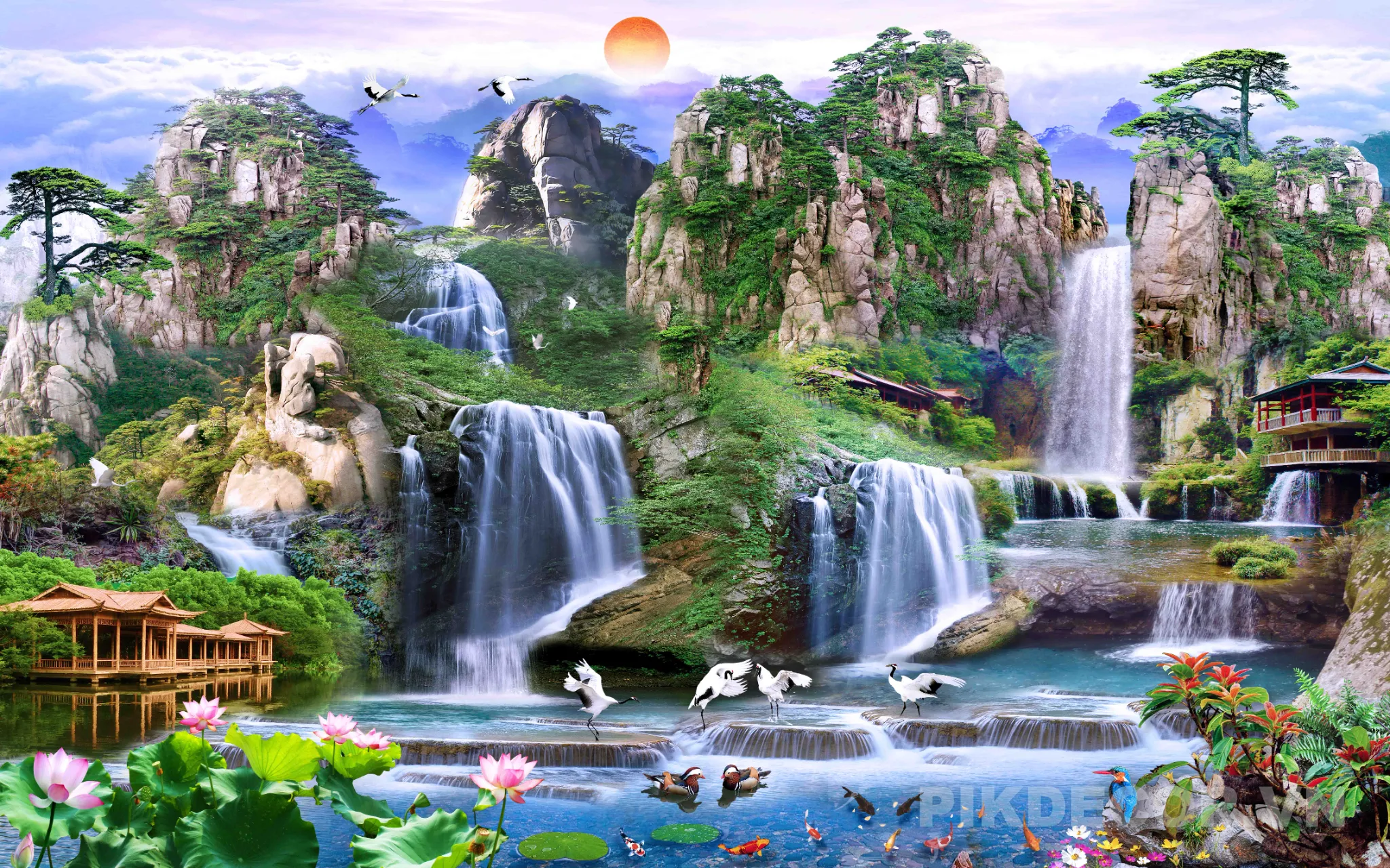 Mẫu Tranh Dán Tường 3D Sơn Thủy Hữu Tình Thác Nước Chim Hạc Phong Thủy Cực Đẹp Hút Tài Lộc 866