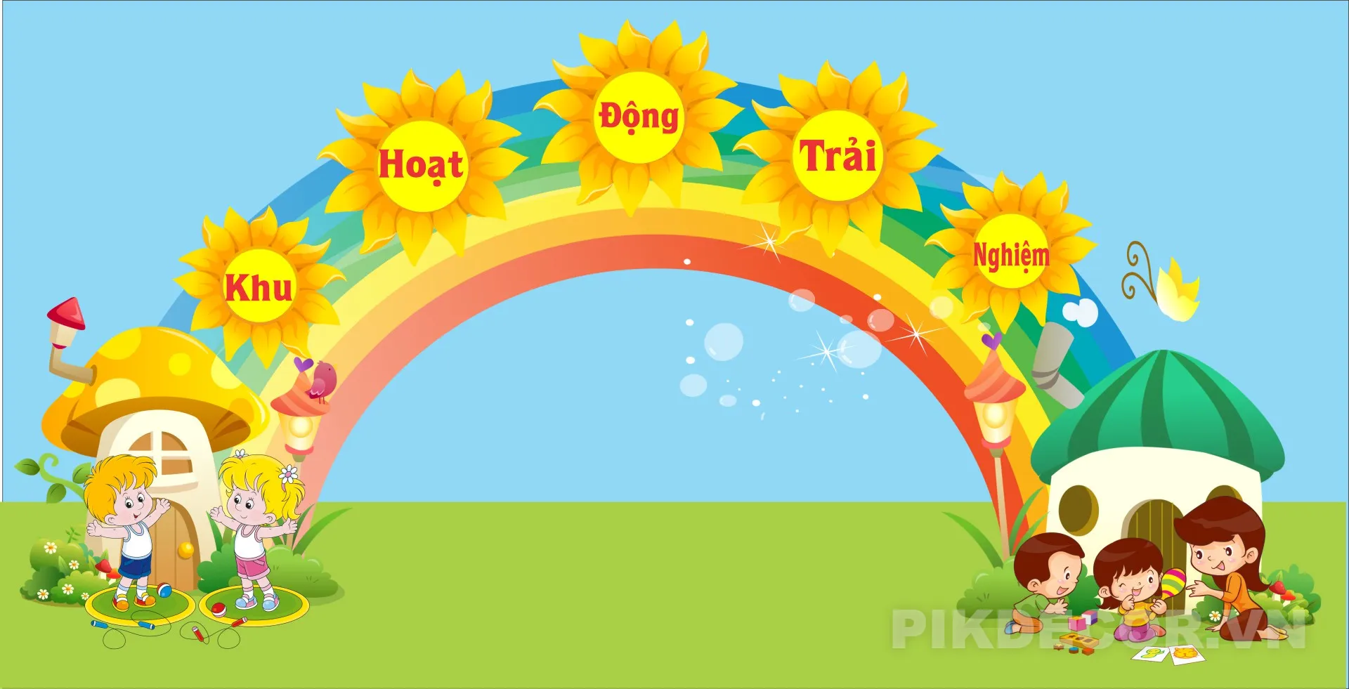 Ẫu Cổng Chào Hoạt Hình Trường Mầm Non – Fairy Garden Kids Backdrop