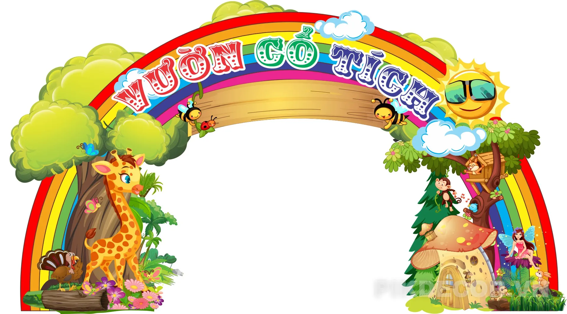 Ẫu Cổng Chào Hoạt Hình Trường Mầm Non – Fairy Garden Kids Backdrop 284