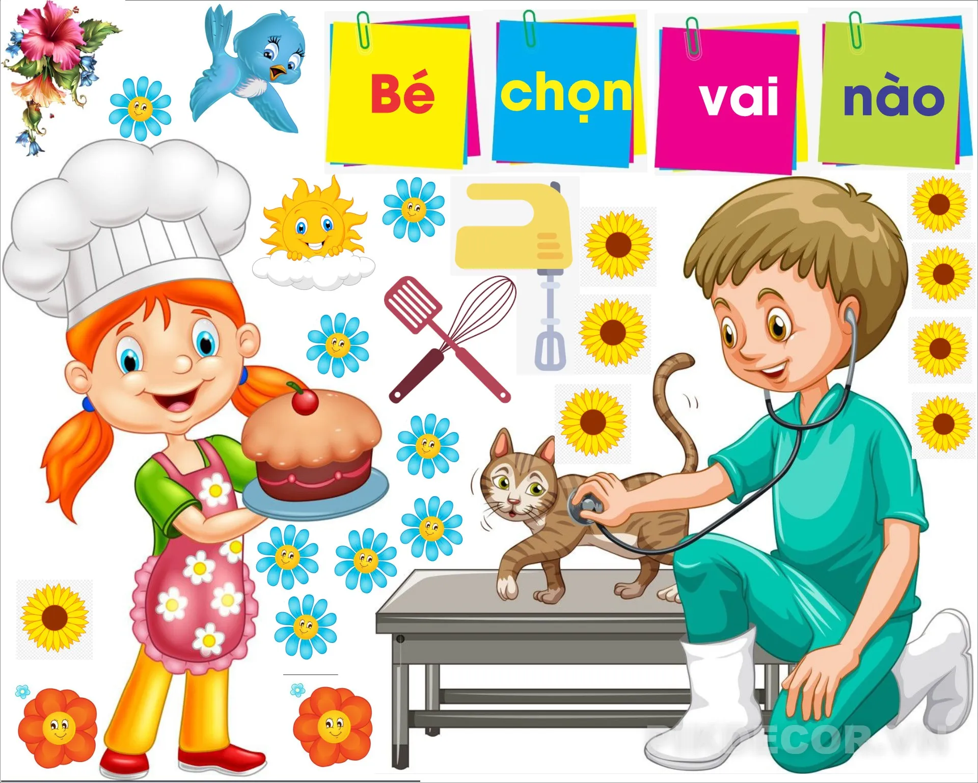 Decal Dán Trang Trí Lớp Học “Bé Chọn Vai Nào” – Góc Nghề Nghiệp Mầm Non