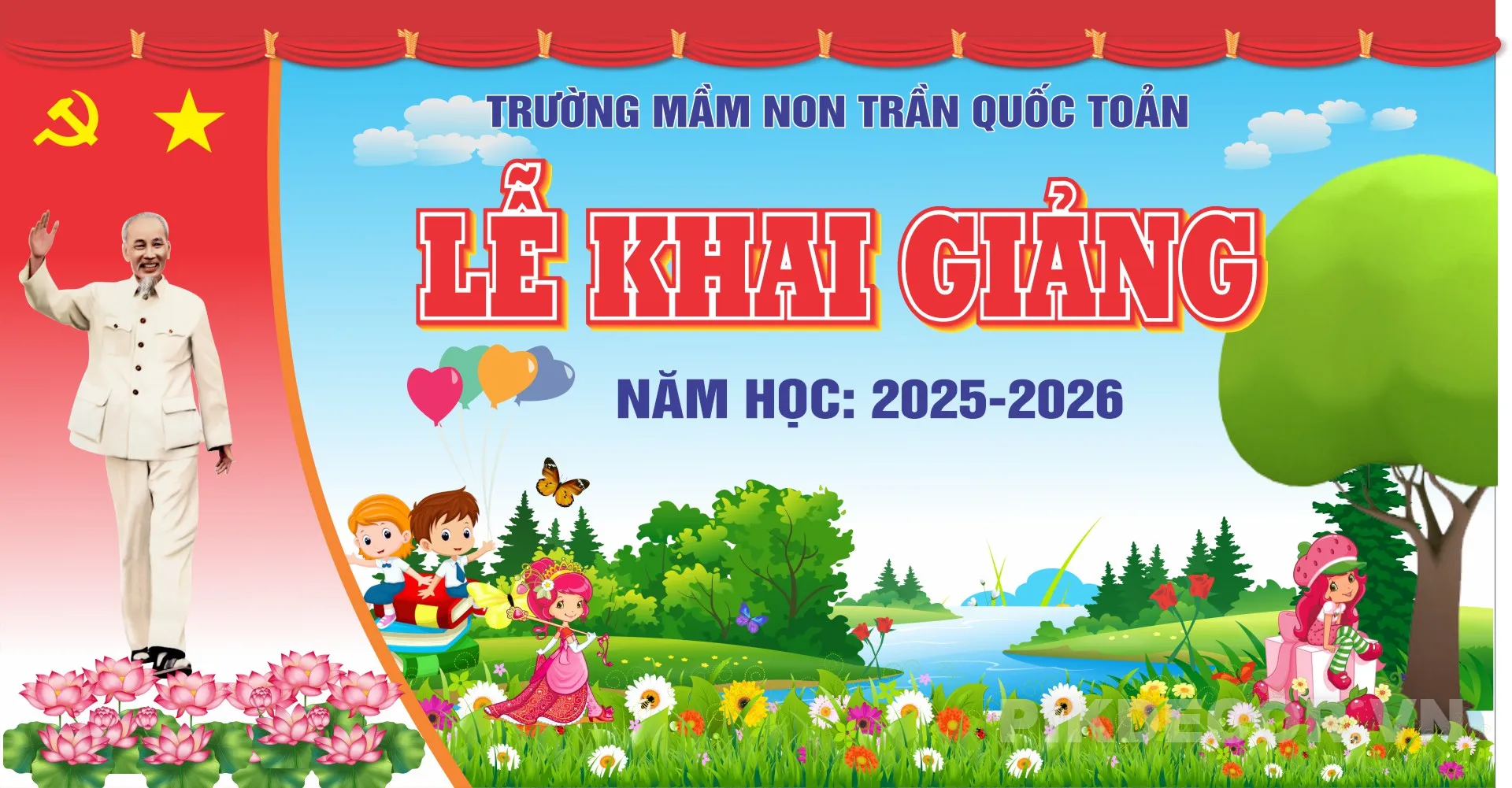 Mẫu Backdrop Khai Giảng Năm Học Mới – Trang Trí Sân Khấu Trường Mầm Non