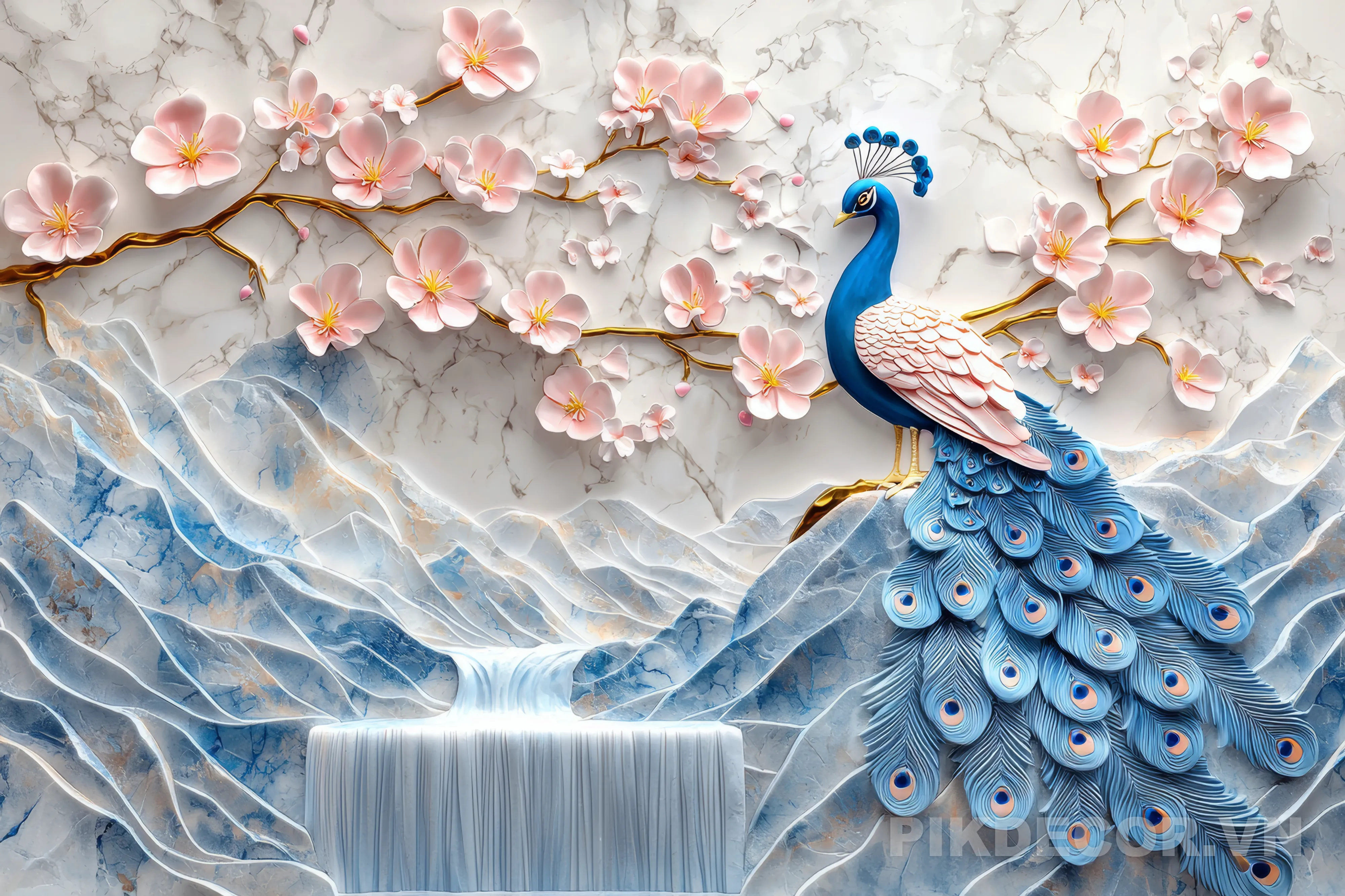 Mẫu Tranh 3D Tráng Gương Con Công Hoa Anh Đào Thác Nước Cực Sang Trọng Hiện Đại