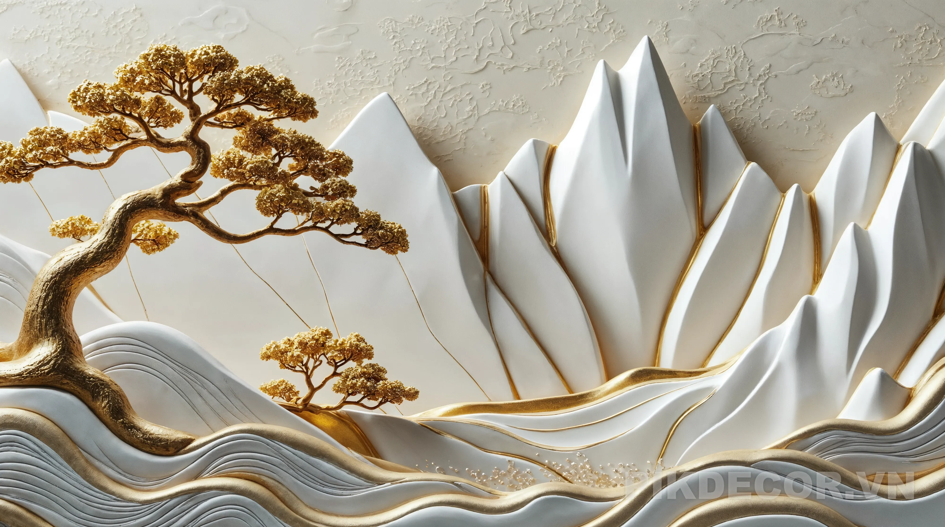Mẫu Tranh 3D Tráng Gương Phong Cảnh Núi Cây Vàng Trắng Sang Trọng Hiện Đại