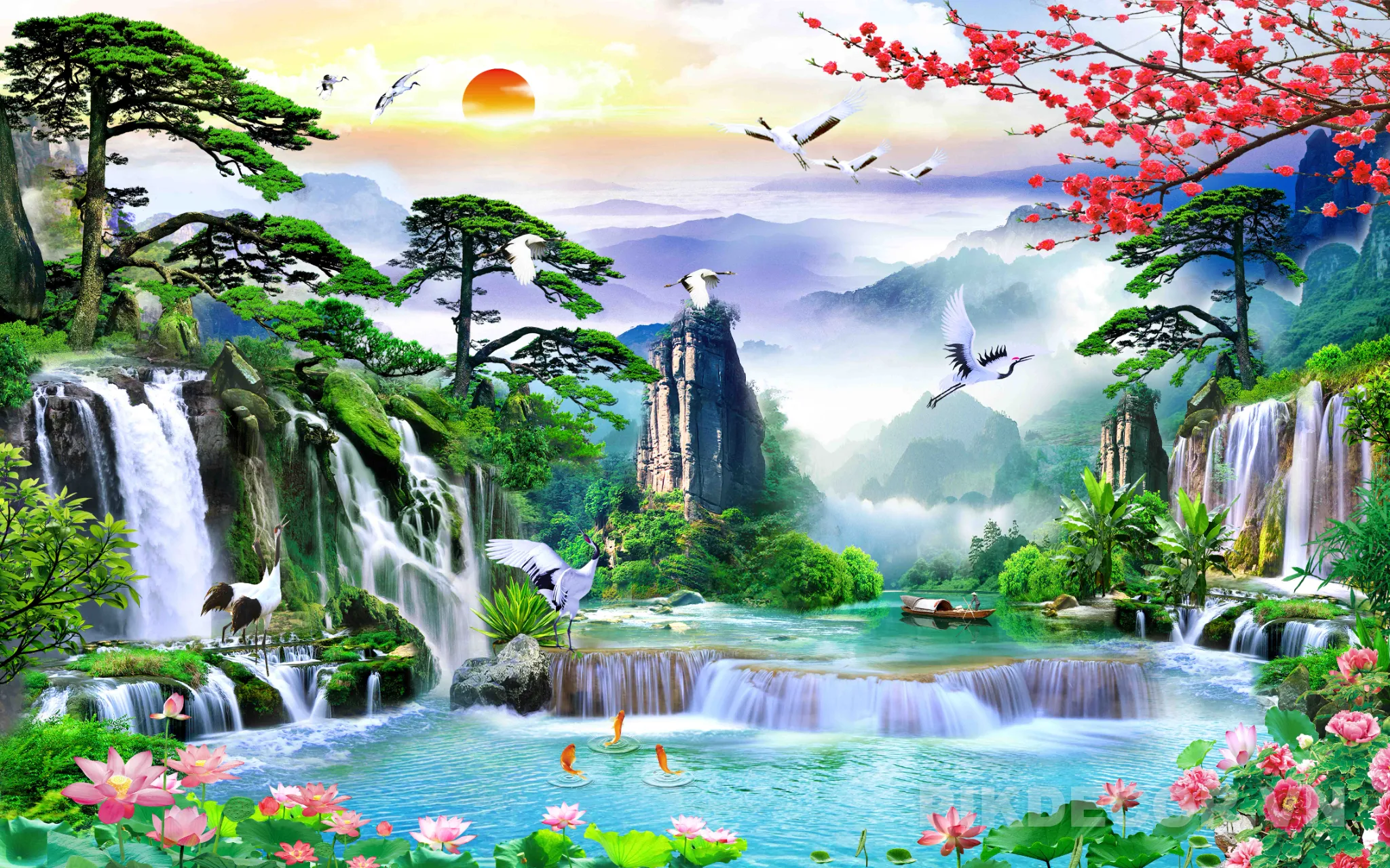 Mẫu Tranh Dán Tường 3D Sơn Thủy Hữu Tình Thác Nước Chim Hạc Phong Thủy Cực Đẹp Hút Tài Lộc