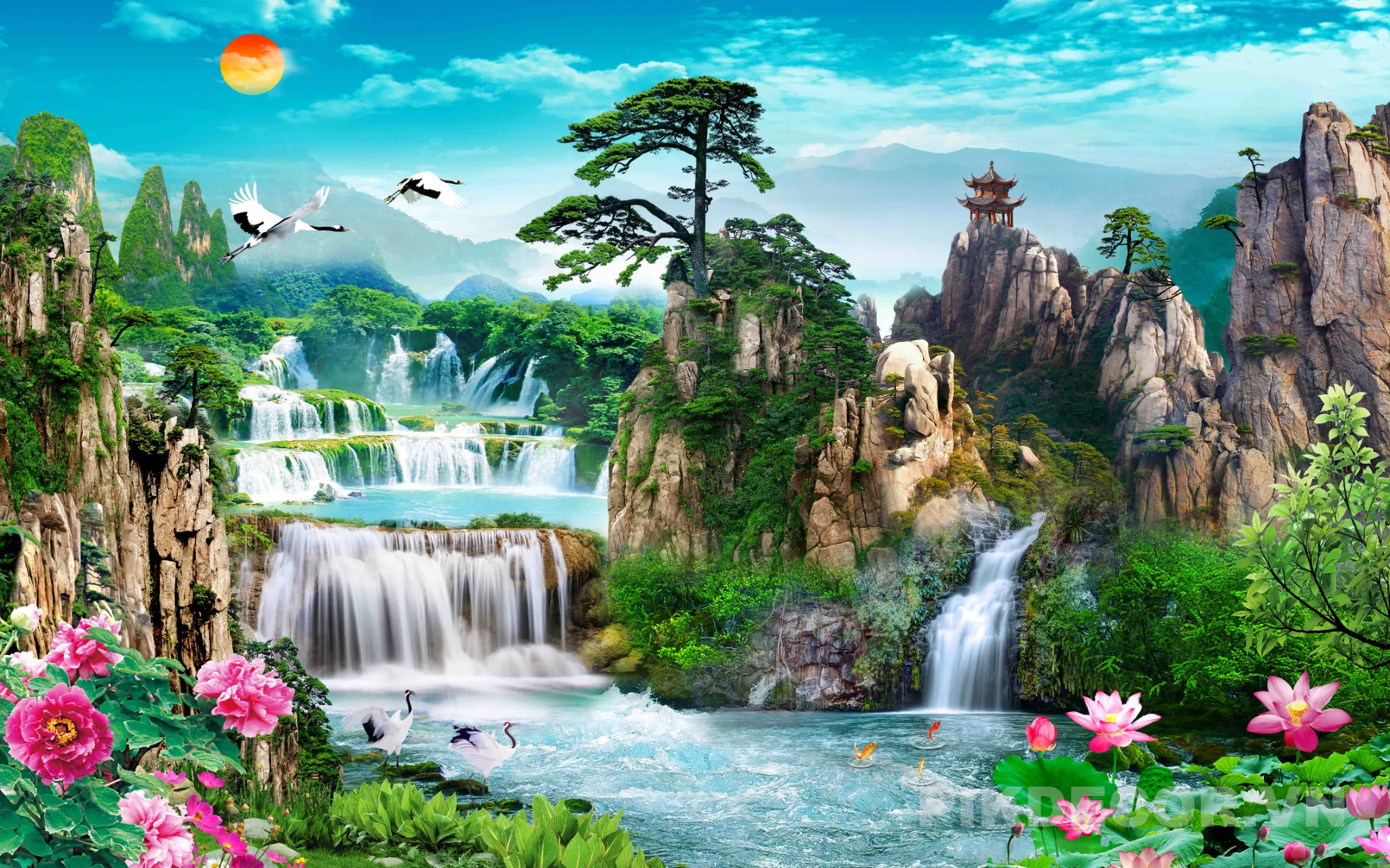 Tranh Phong Thủy 3D Sơn Thủy Hữu Tình Thác Nước Hạc Cá Chép Hoa Sen Tuyệt Đẹp Thu Hút Tài Lộc [File 
