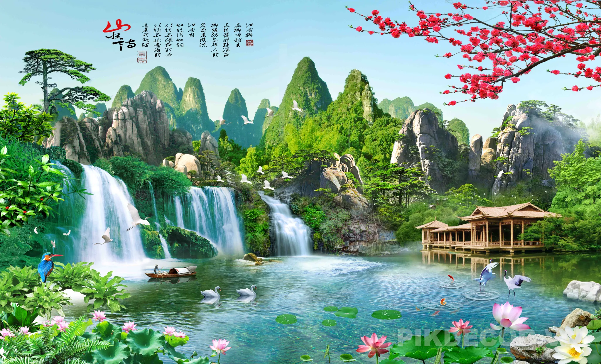 Tranh Phong Thủy 3D Sơn Thủy Hữu Tình Thác Nước Hạc Cá Chép Mang Tài Lộc Cực Đẹp [File Psd] 821