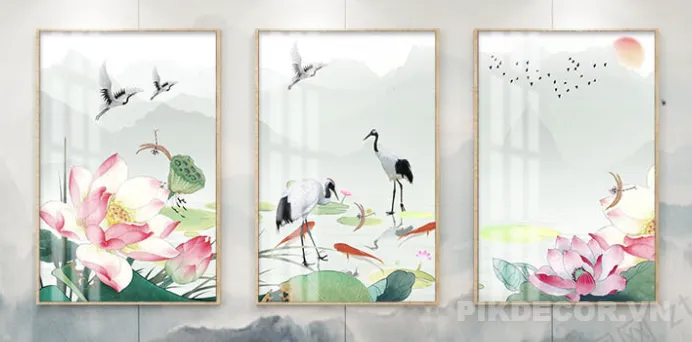 Bộ Tranh 3 Tấm Hoa Sen Chim Hạc – Tranh Treo Tường Phong Cách Á Đông Hiện Đại