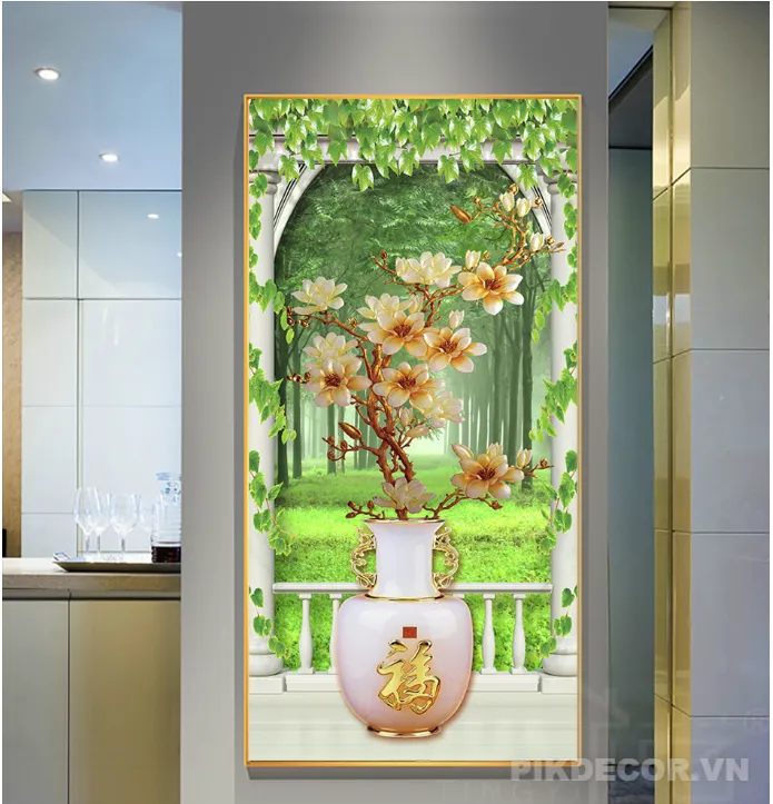 Tranh Tráng Gương 3D Bình Hoa Chữ Phúc – Trang Trí Lối Đi, Cầu Thang, Hành Lang