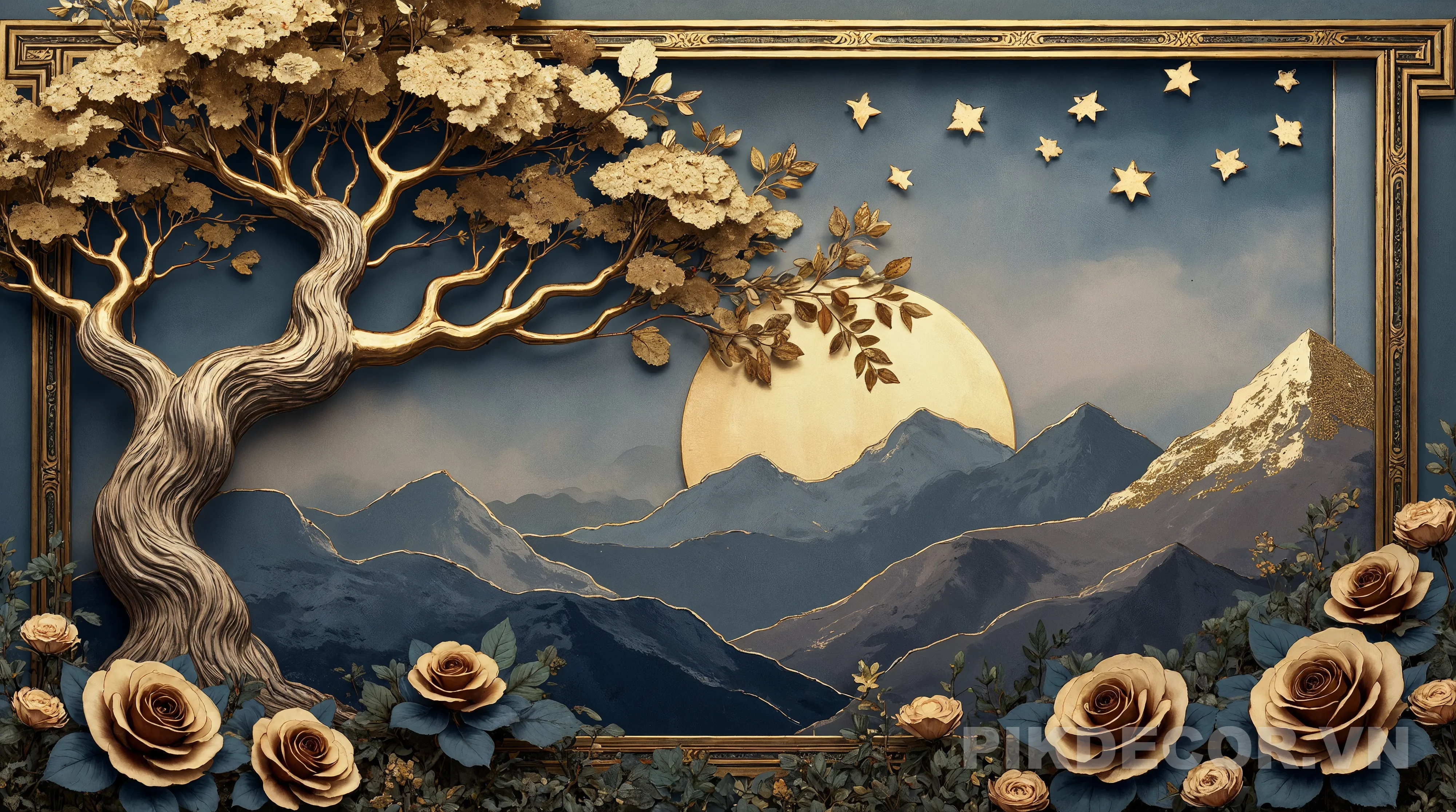 Tranh Treo Tường 3D Tráng Gương Ánh Kim Phong Cảnh Hươu Vàng Hiện Đại Sang Trọng Trang Trí Phòng Khá